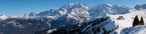 Preview: Majestic snow-capped Mont Blanc mountain range, with lush evergreen trees dotting the landscape