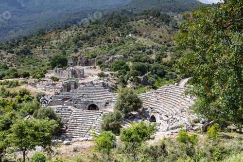 Preview: Turkey touristic area Dalyan Ortaca, Kaunos rock tombs in Dalyan, ancient city of Kaunos, Turkey.