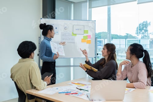 Preview: Team of ux developer and ui designer brainstorming interface wireframe design. Creative digital