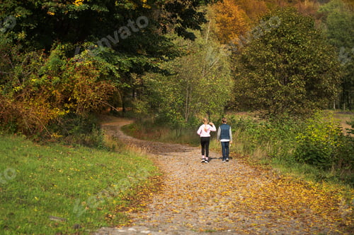 Preview: Kids walking along the path covered with fallen leaves.