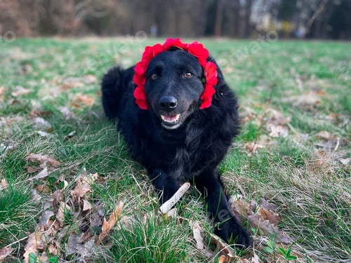 Preview: Selective focus of black dog with a red flower crown on her head lying down on the grass in spring