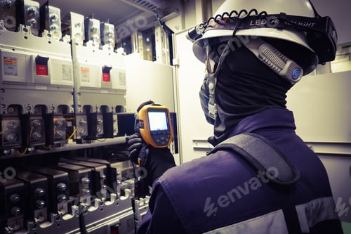 Preview: Maintenance man use thermoscan for check temperature of electric power box in the factory.