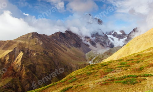 Preview: Thick fog on the mountain pass Goulet. Georgia, Svaneti. Caucasus mountains