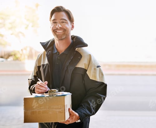 Preview: Our services are by far the most outstanding. Portrait of a courier making a delivery.