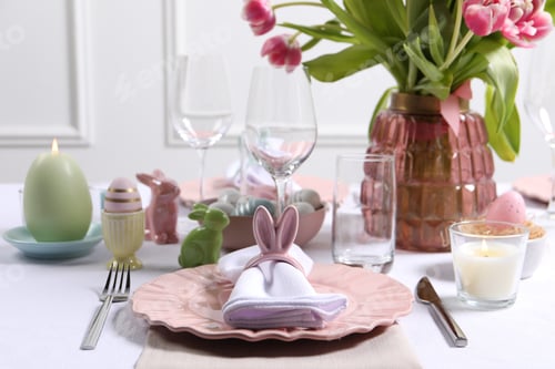Preview: Festive table setting with napkin ring in shape of bunny ears. Easter celebration