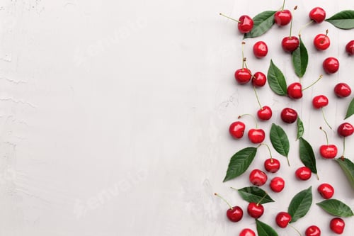 Preview: Flat lay top view on gray concrete background, sweet cherry berries, ice cubes
