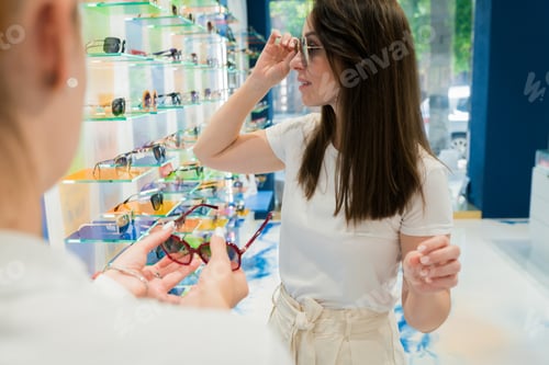 Preview: Woman choosing sunglasses in optics store