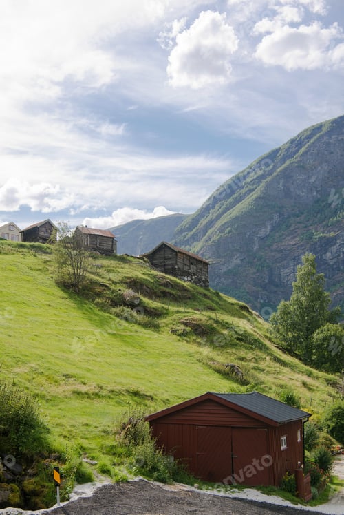 Preview: wooden buildings on green hill at Aurlandsfjord, Flam (Aurlandsfjorden), Norway