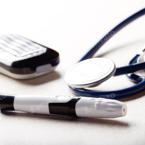 Preview: Personal blood glucose meter and lancet with stethoscope on the