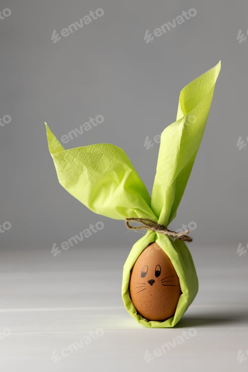 Preview: The face of an Easter bunny painted on a brown eggshell and with a green napkin