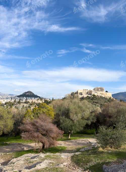 Preview: Athens, Greece. Parthenon, Acropolis hill and mount Lycabettus view from Areopagus hill