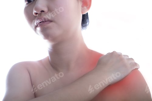 Preview: Young Asian woman with shoulder pain and on white background