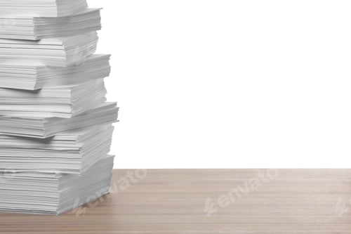 Preview: Stack of paper sheets on wooden table against white background. Space for text