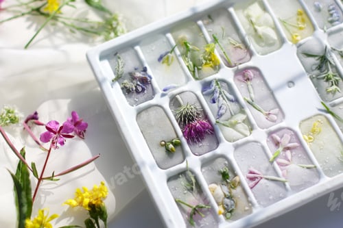 Preview: ice mold with frozen flowers. Ice cubes for cooling on a summer day