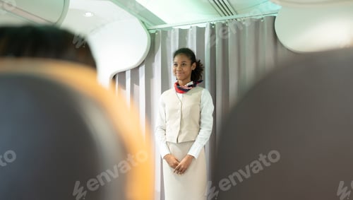 Preview: Flight attendants show how to use safety devices and recommend emergency exits.