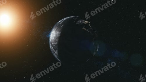Preview: Rotate planet earth zoom in sun beam illuminate