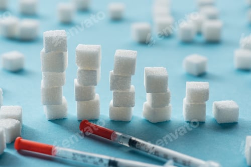 Preview: sugar stairs and insulin syringes on blue background
