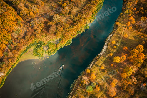 Preview: Aerial view of yellow forest woods and river marsh bog in autumn landscape. Bird's eye view of marsh