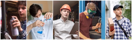 Preview: collage of five photos of people working at their daily professional job occupation