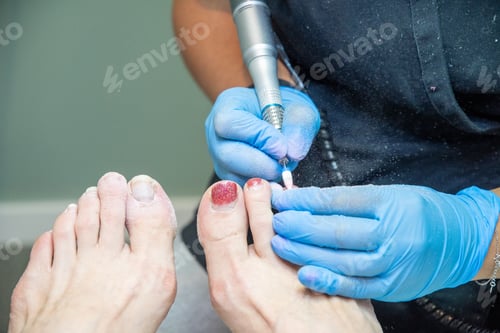 Preview: A master in a beauty salon makes a hardware pedicure to a client, soft focus
