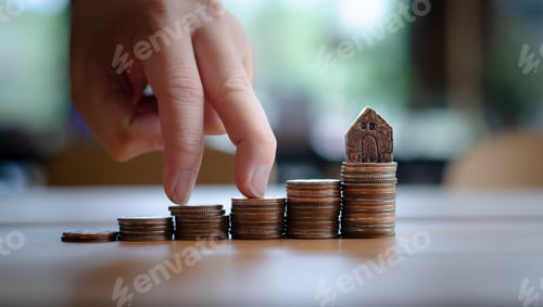 Preview: Finger walks on coin stack there is a house model on coin,