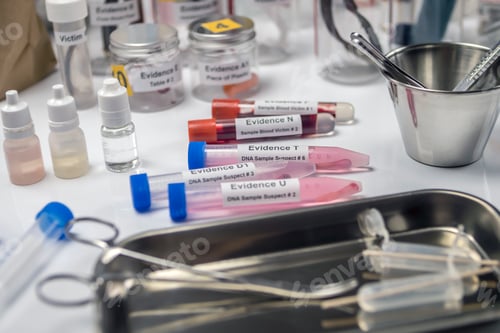 Preview: Hematological analysis with forensic test kit in a murder in a crime lab, conceptual image