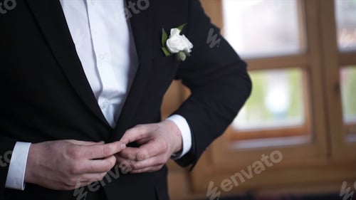 Preview: Man buttoning on a black jacket. Wedding details - elegant groom dressed wedding tuxedo costume is