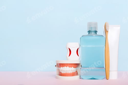 Preview: Mouthwash and other oral hygiene products on colored table top view with copy space