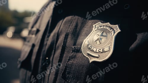 Preview: special police lettering on silver badge and black uniform of cropped policeman