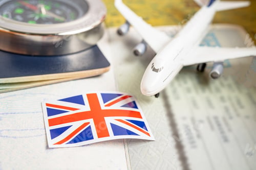Preview: Approved Stamp visa and passport with United Kingdom flag document to immigration at airport