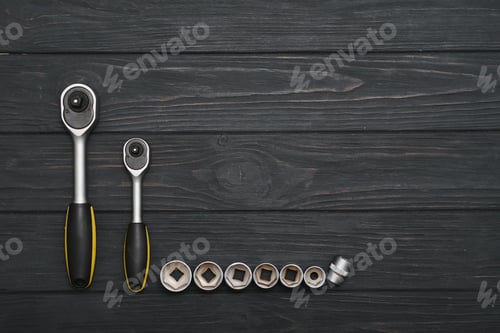 Preview: Set of hand tools . Equipment on wooden background.