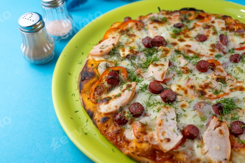 Preview: Pizza with meat, bacon, sausages, sausage, parmesan and dill, cheese, sauce. Food in a plate on a