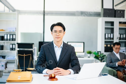 Preview: Confident Asian lawyer using tablet with gavel and justice scales on desk, looking