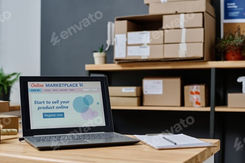 Preview: Homepage of online market place on screen of laptop standing on desk