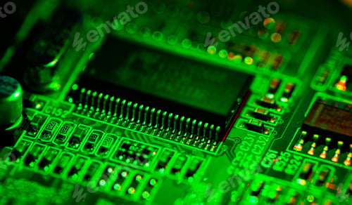 Preview: Close up of components and microchips on PC circuit board.