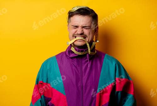 Preview: Style man in 90s tracksuit with measuring tape on yellow background