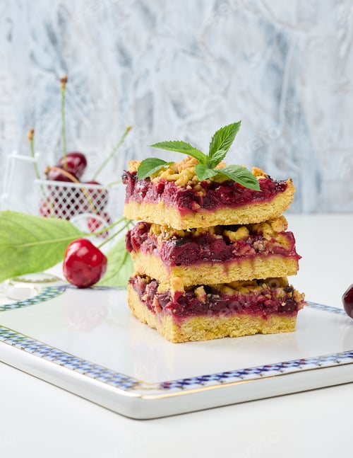 Preview: Square slices of cherry crumble lie in a stack on a white board
