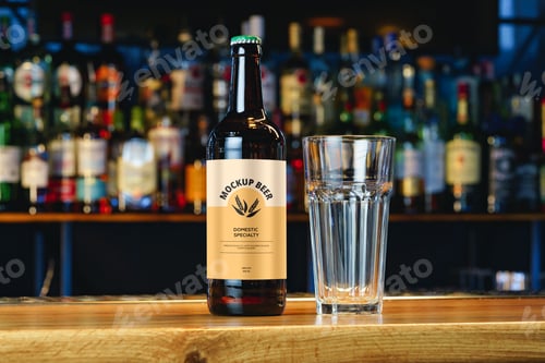 Preview: Beer bottle mock-up against blurred bar counter