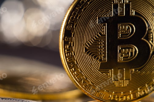 Preview: Selective focus shot of golden bitcoin standing on pile of coins