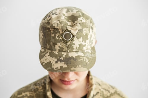 Preview: Armed Forces of Ukraine. Ukrainian soldier. Military uniform. Copy space. Stop war in Ukraine.