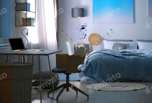 Preview: Stylish room interior with comfortable bed and workplace
