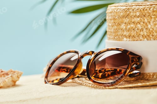 Preview: selective focus of sunglasses and straw hat near seashell in summertime isolated on blue