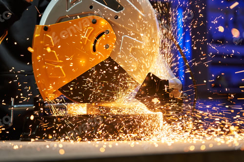 Preview: a lot of beautiful bright sparks scatter in all directions from a working disc cutting machine