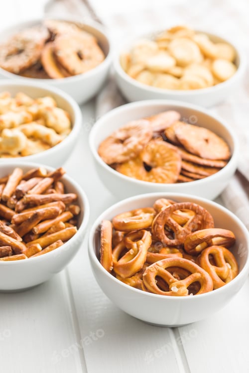 Preview: Mixed salty snack crackers and pretzels.