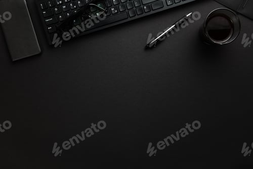 Preview: Computer Keyboard With Pen, Smartphone And Eyeglasses On Gray Desk