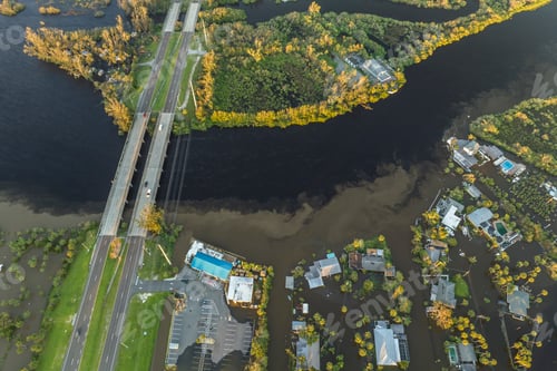 Preview: Flooded houses by hurricane Ian rainfall in Florida residential area.