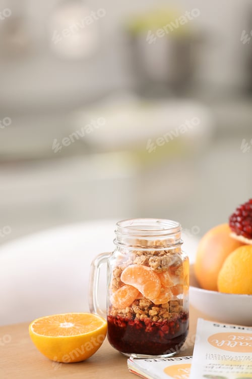Preview: Healthy breakfast served on table at home. Fitness diet