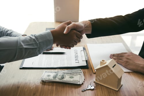 Preview: Home sales agents and buyers work on signing new homes and shaking hands.