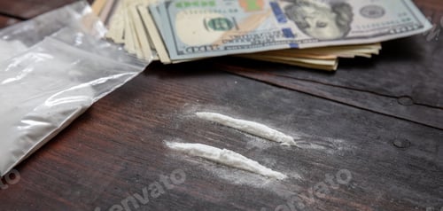 Preview: Cocaine plastic packets and American dollars banknotes on wooden table background, closeup.