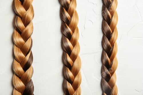 Preview: Flat lay composition with braids on light background. Healthy hair